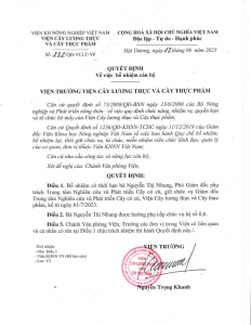 Quyết định số 232/QĐ-VCLT-VP về việc bổ nhiệm có thời hạn bà Nguyễn Thị Nhung, Phó Giám đốc Trung tâm NC&PT Cây có củ, Viện Cây lương thực và Cây thực phẩm, kể từ ngày 1/7/2023.
