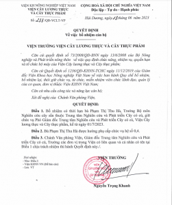 Quyết định số 233/QĐ-VCLT-VP về việc bổ nhiệm có thời hạn bà Phạm Thị Thu Hà, Trưởng Bộ môn Nghiên cứu cây sắn, giữ chức vụ Phó Giám đốc Trung tâm NC&PT Cây có củ, Viện Cây lương thực và Cây thực phẩm, kể từ ngày 1/7/2023.
