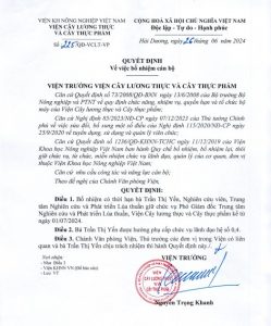 Quyết định số 225/QĐ-VCLT-VP ngày 26/6/2024 về việc bổ nhiệm cho bà Trần Thị Yến giữ chức vụ Phó Giám đốc Trung tâm Nghiên cứu và Phát triển Lúa thuần kể từ ngày 1/7/2024.
