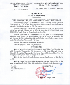 Quyết định 134/QĐ-VCLT – VP ngày 27/5/2024 về việc bổ nhiệm ông Nguyễn Văn Tùng giữ chức phó giám đốc Trung tâm thực nghiệm cây lương thực và cây thực phẩm từ ngày 1/6/2024 cụ thể chi tiết tại quyết định đính kèm.