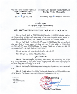 Quyết định số 126/QĐ-VCLT-VP ngày 22/5/2024 về việc giao nhiệm vụ cho bà Nguyễn Thị Hường giữ chức vụ Phó trưởng bộ môn nông học kể từ ngày 1/6/2024 cụ thể tại quyết định đính kèm.