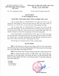 Quyết định số 702/QĐ-KHNN-TCHC ngày 29/8/2022 của Viện Khoa học Nông nghiệp Việt Nam về việc bổ nhiệm lại có thời hạn ông Dương Xuân Tú giữ chức vụ Phó Viện trưởng Viện Cây lương thực và Cây thực phẩm, kể từ ngày 1/9/2022