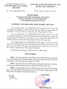 Quyết định số 1027/QĐ-KHNN-TCHC về việc giao ông Nguyễn Trọng Khanh, Viện trưởng Viện Cây lương thực và Cây thực phẩm kiêm Trưởng Bộ môn Cây thức ăn chăn nuôi